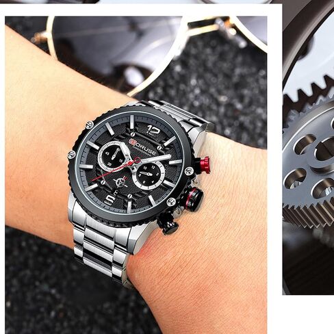 BORUSE Mens Watches Luxury Silver Stainless Steel Chronograph Watch Fashion Business Big Face Waterproof Luminous Calendar Analog Quartz Wristwatch in Saudi Arabia