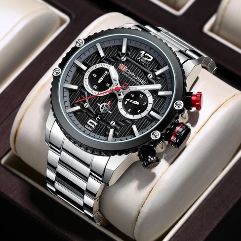 BORUSE Mens Watches Luxury Silver Stainless Steel Chronograph Watch Fashion Business Big Face Waterproof Luminous Calendar Analog Quartz Wristwatch in Saudi Arabia
