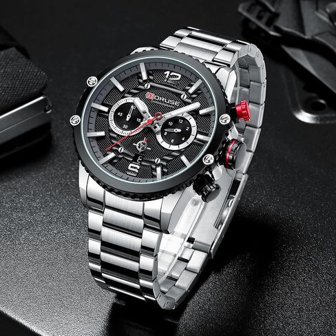 BORUSE Mens Watches Luxury Silver Stainless Steel Chronograph Watch Fashion Business Big Face Waterproof Luminous Calendar Analog Quartz Wristwatch in Saudi Arabia
