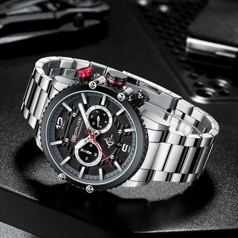 BORUSE Mens Watches Luxury Silver Stainless Steel Chronograph Watch Fashion Business Big Face Waterproof Luminous Calendar Analog Quartz Wristwatch in Saudi Arabia