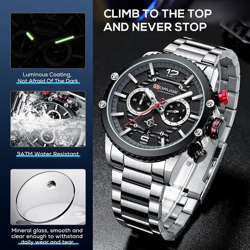 BORUSE Mens Watches Luxury Silver Stainless Steel Chronograph Watch Fashion Business Big Face Waterproof Luminous Calendar Analog Quartz Wristwatch in Saudi Arabia