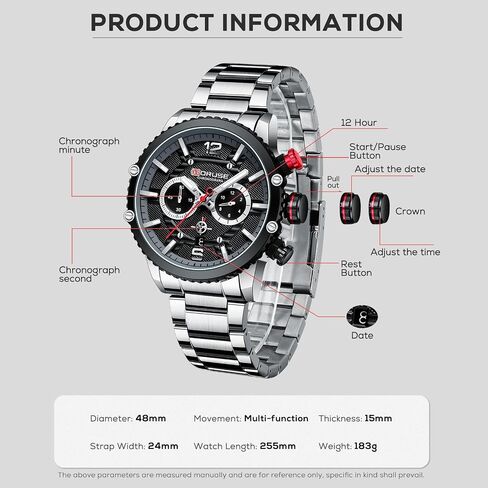 BORUSE Mens Watches Luxury Silver Stainless Steel Chronograph Watch Fashion Business Big Face Waterproof Luminous Calendar Analog Quartz Wristwatch in Saudi Arabia