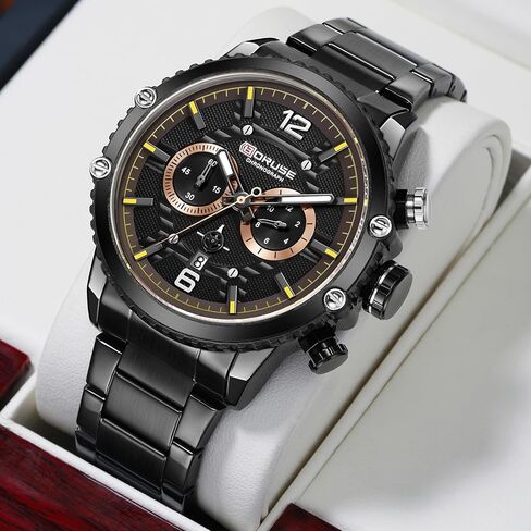 BORUSE Mens Watches Luxury Silver Stainless Steel Chronograph Watch Fashion Business Big Face Waterproof Luminous Calendar Analog Quartz Wristwatch in Saudi Arabia