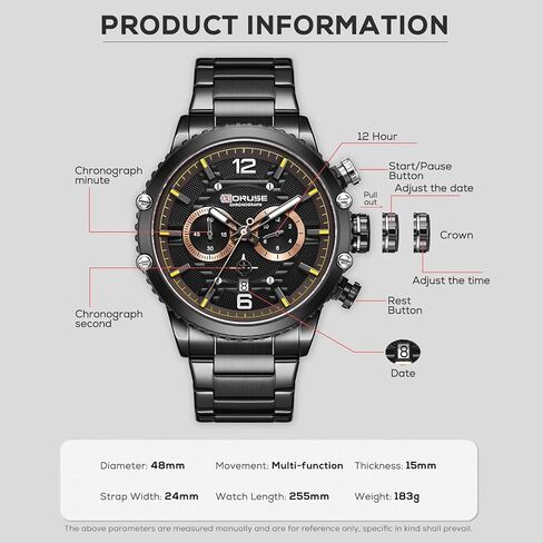 BORUSE Mens Watches Luxury Silver Stainless Steel Chronograph Watch Fashion Business Big Face Waterproof Luminous Calendar Analog Quartz Wristwatch in Saudi Arabia