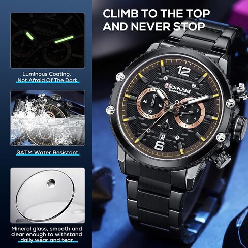 BORUSE Mens Watches Luxury Silver Stainless Steel Chronograph Watch Fashion Business Big Face Waterproof Luminous Calendar Analog Quartz Wristwatch in Saudi Arabia