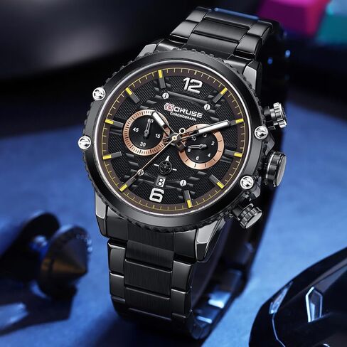 BORUSE Mens Watches Luxury Silver Stainless Steel Chronograph Watch Fashion Business Big Face Waterproof Luminous Calendar Analog Quartz Wristwatch in Saudi Arabia