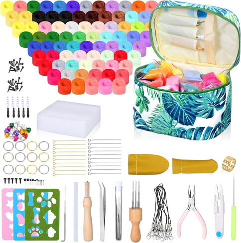 مجموعة أدوات التلبيد بالإبرة من FuWeave مع حقيبة تخزين خضراء محمولة، مجموعة صوف 80 لونًا، مجموعة أدوات التلبيد لمستلزمات التلبيد بإبرة الحيوانات الملبدة DIY ومجموعات الديكور المنزلي in Kuwait