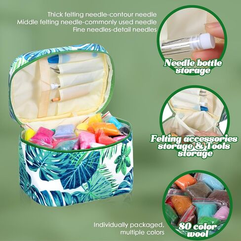 مجموعة أدوات التلبيد بالإبرة من FuWeave مع حقيبة تخزين خضراء محمولة، مجموعة صوف 80 لونًا، مجموعة أدوات التلبيد لمستلزمات التلبيد بإبرة الحيوانات الملبدة DIY ومجموعات الديكور المنزلي in Kuwait