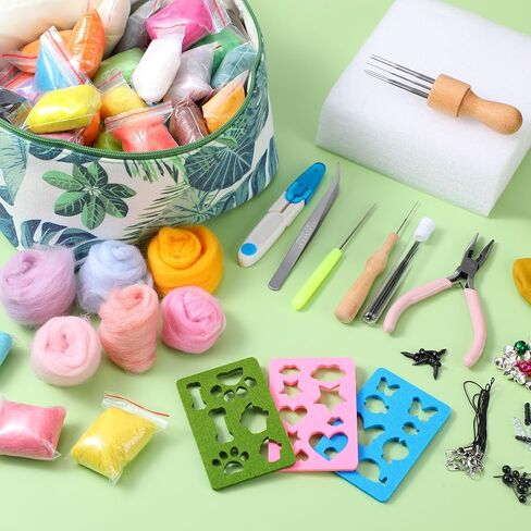 مجموعة أدوات التلبيد بالإبرة من FuWeave مع حقيبة تخزين خضراء محمولة، مجموعة صوف 80 لونًا، مجموعة أدوات التلبيد لمستلزمات التلبيد بإبرة الحيوانات الملبدة DIY ومجموعات الديكور المنزلي in Kuwait