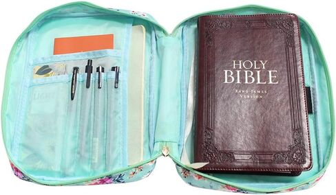 حافظة غطاء الكتاب المقدس للنساء مع جيب بسحاب وجيوب تنظيم داخلية تناسب الكتاب المقدس ذو الحجم القياسي 9.8 × 6.5 × 2.4 بوصة من نسيج الأزهار، هدية للأم in Kuwait