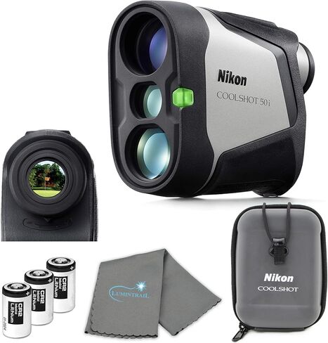 حزمة Nikon COOLSHOT 50i Golf Rangefinder (16760) مع 3 بطاريات CR2 إضافية وقطعة قماش للتنظيف - مقاومة للماء، مغناطيسية، تقنية قفل عصا العلم مع تعديل المنحدر - ملحقات الجولف للرجال in Saudi Arabia