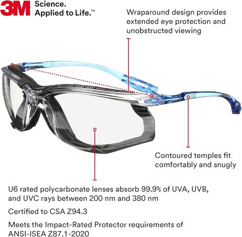 3M Safety Glasses, Virtua CCS, 1 Pair, ANSI Z87, Anti-Fog, Mirrored Lens, Blue Frame, Corded Ear Plug Control System- Pack of 20 in Kuwait