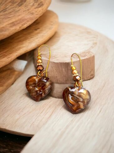 Handmade Bohemian Style Dangle Earrings, Unique Jewelry for Women, Heart Shape, Brown Earrings, Turkish Accessories in Kuwait