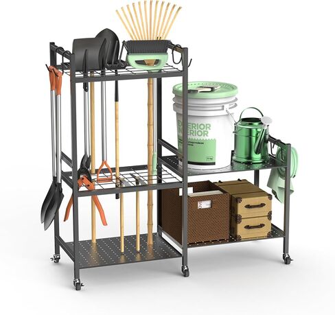 POLARPRA Garden Tool Organizer, Garden Tool Storage Rack with 6 Hooks and 2-tier Metal Shelves, Yard Tool Organizer Cart for Garage with Wheels Stand up to 35 Long-Handled Tools for Shed, Outdoor in Kuwait