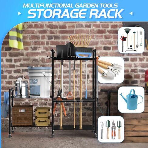 POLARPRA Garden Tool Organizer, Garden Tool Storage Rack with 6 Hooks and 2-tier Metal Shelves, Yard Tool Organizer Cart for Garage with Wheels Stand up to 35 Long-Handled Tools for Shed, Outdoor in Kuwait