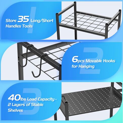 POLARPRA Garden Tool Organizer, Garden Tool Storage Rack with 6 Hooks and 2-tier Metal Shelves, Yard Tool Organizer Cart for Garage with Wheels Stand up to 35 Long-Handled Tools for Shed, Outdoor in Kuwait