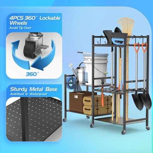 POLARPRA Garden Tool Organizer, Garden Tool Storage Rack with 6 Hooks and 2-tier Metal Shelves, Yard Tool Organizer Cart for Garage with Wheels Stand up to 35 Long-Handled Tools for Shed, Outdoor in Kuwait