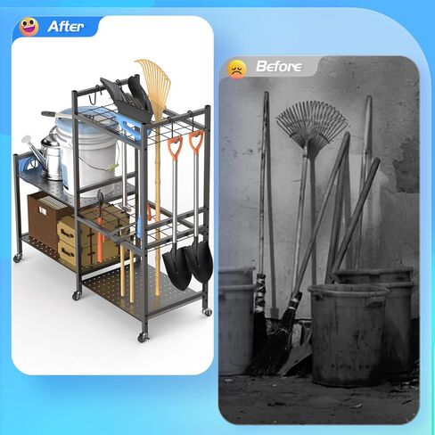 POLARPRA Garden Tool Organizer, Garden Tool Storage Rack with 6 Hooks and 2-tier Metal Shelves, Yard Tool Organizer Cart for Garage with Wheels Stand up to 35 Long-Handled Tools for Shed, Outdoor in Kuwait