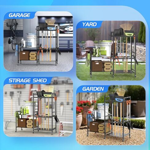 POLARPRA Garden Tool Organizer, Garden Tool Storage Rack with 6 Hooks and 2-tier Metal Shelves, Yard Tool Organizer Cart for Garage with Wheels Stand up to 35 Long-Handled Tools for Shed, Outdoor in Kuwait