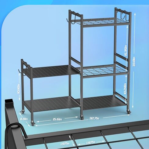 POLARPRA Garden Tool Organizer, Garden Tool Storage Rack with 6 Hooks and 2-tier Metal Shelves, Yard Tool Organizer Cart for Garage with Wheels Stand up to 35 Long-Handled Tools for Shed, Outdoor in Kuwait