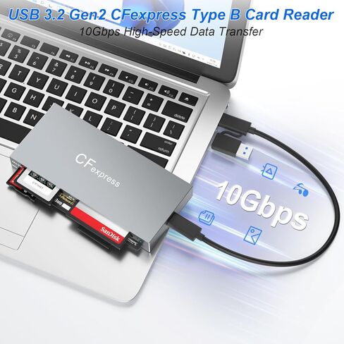 قارئ بطاقات CFexpress من النوع B، قارئ بطاقات USB 3.2 Gen 2 10Gpbs CF Express لبطاقة ذاكرة CFexpress من النوع B/SD/TF/MS/XD/CF، محول بطاقة CFexpress من الألومنيوم يقرأ 6 بطاقات في وقت واحد in Kuwait