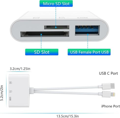 Memory Card Reader, 5-in-1 USB C Lightning to SD/TF/USB OTG Adapter for Micro SD/SDHC/SDXC/MMC, Compatible with MacBook Pro/Air, Chromebook,iPhone 15/14/13/12/11 Pro/Pro Max,Android Galaxy,Plug & Play in Kuwait