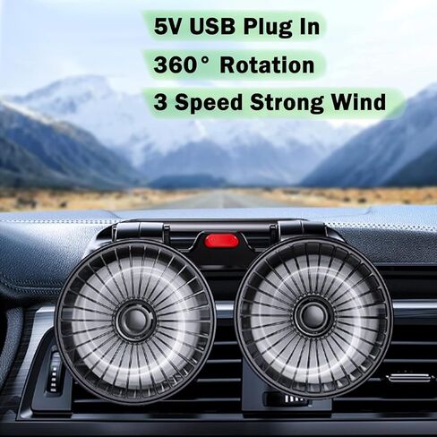 MICLSRS USB مروحة سيارة مزدوجة الرأس، مروحة لوحة القيادة للسيارة، قابلة للدوران 360 درجة، حل تبريد قوي للسيارة SUV RV (يعمل بـ USB) in Kuwait