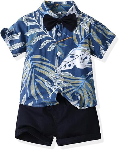 JunNeng Toddler Baby Boy Shorts Sets Hawaiian Outfit,Infant Kid Leave Floral Short Sleeve Shirt Top+shorts Suits,Blue in Saudi Arabia