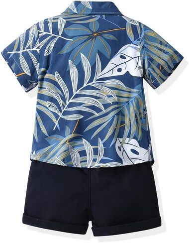 JunNeng Toddler Baby Boy Shorts Sets Hawaiian Outfit,Infant Kid Leave Floral Short Sleeve Shirt Top+shorts Suits,Blue in Saudi Arabia