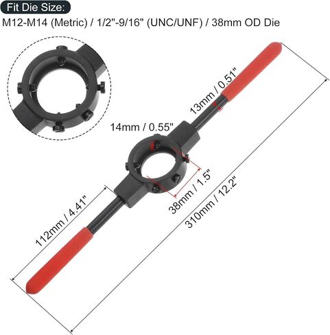 مفتاح ربط بمقبض من uxcell، لمتري M12-M14 (متري) / 1/2 بوصة - 9/16 بوصة (UNC/UNF) / قوالب مستديرة OD 38 مم، حامل قوالب خيوط 38 مم × 14 مم بمقبض بلاستيكي in Kuwait