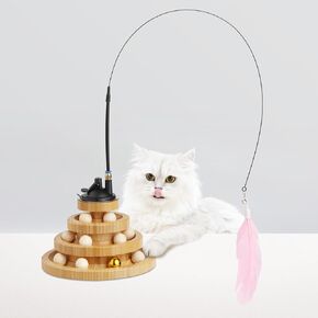 Wooden Cat Ball Track Toy 3-Layer Cat Ball Tower Toy with Suction Cup Cat Teaser Wand Set,Bamboo Cat Toys for Indoor Spinning Bell Balls Kitten Exercise Mental Physical,3pcs Replacement Feathers in Saudi Arabia