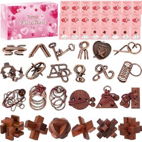 Valentine's Day Cards for Kids School with Brain Teasers,24 Pack Metal Puzzle Rings and Wooden Toy Games for Classroom Exchange Prizes,Party Favours,Kids Valentine Gifts Set in Kuwait