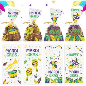 100 Pieces Mardi Gras Cellophane Gift Bags Mardi Gras Candy Bags Carnival Parade Words Masks Cellophane Treat Bags Plastic OPP Bags with 100 Twist Ties for Cookies Candy Mardi Gras Party Decoration in Kuwait