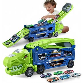 ألعاب شاحنة الديناصورات للأطفال من سن 3 إلى 5 سنوات - شاحنة نقل مع 6 ألعاب سيارات مصبوبة، شاحنة 3 في 1 مع مسارين سباق قابلين للطي، ألعاب هدايا عيد الميلاد للأولاد من عمر 3 4 5 6 سنوات (أزرق الغابة) in Kuwait