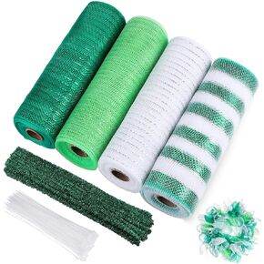Funtery 4 Rolls 40 Yards st Patricks Day Deco Mesh Ribbon Roll Decorative Green Deco mesh 10 inch with Chenille Stems and Clear Zip Ties for St.Patrick's Day Decoration DIY Flower Wreath in Kuwait