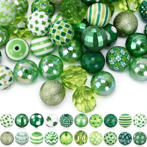 100 Pcs 20 mm St. Patrick's Day Rhinestone Bubblegum Beads Bulk Crystal Shamrock Green Acrylic Chunky Round Bead for Holiday DIY Craft Keychain Necklace Bracelet Jewelry Making in Kuwait