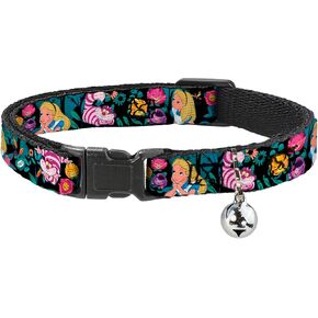 طوق قطط قابل للفصل بإبزيم للأسفل - قطط أليس/شيشاير/أزهار باللون الأسود/متعدد الألوان - بعرض 1/2 بوصة - يناسب رقبة مقاس 8-12 بوصة - مقاس متوسط in Kuwait