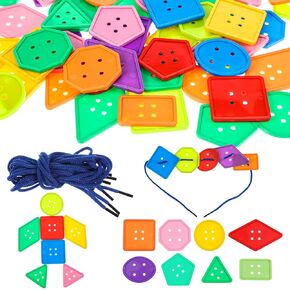 200 Pcs Shape Buttons, Colorful Buttons for Crafts Assorted Shapes, Big Button Set with 20 Strings Large Geometric Plastic Sewing Supplies for DIY Art Projects Educational Activities in Kuwait