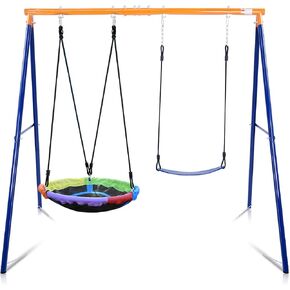 Lunafun Swingset Outdoor للأطفال، 440 رطل، حامل أرجوحة خارجي معدني عالي التحمل على شكل حرف A، صحن واحد ومقعد أرجوحة بحزام للملعب، الفناء الخلفي باللون الأزرق in Kuwait