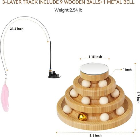 Wooden Cat Ball Track Toy 3-Layer Cat Ball Tower Toy with Suction Cup Cat Teaser Wand Set,Bamboo Cat Toys for Indoor Spinning Bell Balls Kitten Exercise Mental Physical,3pcs Replacement Feathers in Saudi Arabia
