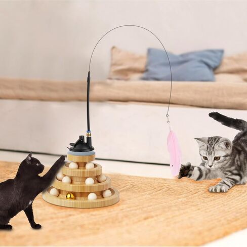 Wooden Cat Ball Track Toy 3-Layer Cat Ball Tower Toy with Suction Cup Cat Teaser Wand Set,Bamboo Cat Toys for Indoor Spinning Bell Balls Kitten Exercise Mental Physical,3pcs Replacement Feathers in Saudi Arabia