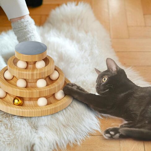 Wooden Cat Ball Track Toy 3-Layer Cat Ball Tower Toy with Suction Cup Cat Teaser Wand Set,Bamboo Cat Toys for Indoor Spinning Bell Balls Kitten Exercise Mental Physical,3pcs Replacement Feathers in Saudi Arabia