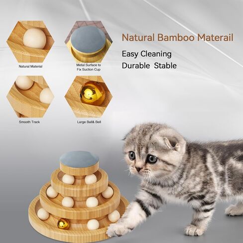 Wooden Cat Ball Track Toy 3-Layer Cat Ball Tower Toy with Suction Cup Cat Teaser Wand Set,Bamboo Cat Toys for Indoor Spinning Bell Balls Kitten Exercise Mental Physical,3pcs Replacement Feathers in Saudi Arabia