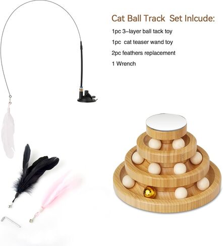 Wooden Cat Ball Track Toy 3-Layer Cat Ball Tower Toy with Suction Cup Cat Teaser Wand Set,Bamboo Cat Toys for Indoor Spinning Bell Balls Kitten Exercise Mental Physical,3pcs Replacement Feathers in Saudi Arabia