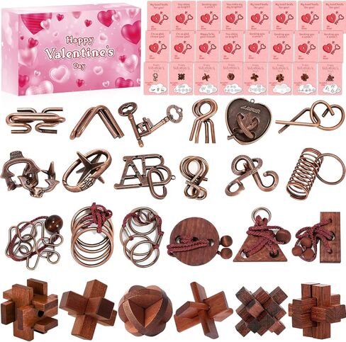 Valentine's Day Cards for Kids School with Brain Teasers,24 Pack Metal Puzzle Rings and Wooden Toy Games for Classroom Exchange Prizes,Party Favours,Kids Valentine Gifts Set in Kuwait