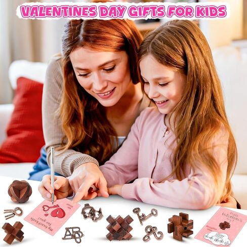 Valentine's Day Cards for Kids School with Brain Teasers,24 Pack Metal Puzzle Rings and Wooden Toy Games for Classroom Exchange Prizes,Party Favours,Kids Valentine Gifts Set in Kuwait
