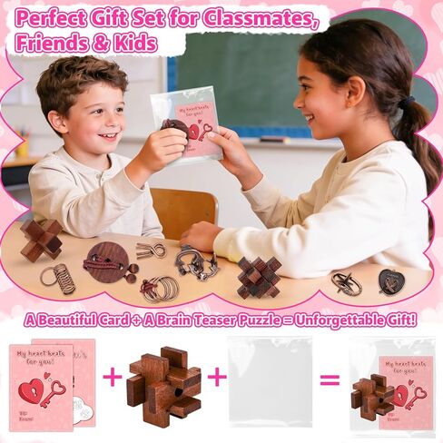 Valentine's Day Cards for Kids School with Brain Teasers,24 Pack Metal Puzzle Rings and Wooden Toy Games for Classroom Exchange Prizes,Party Favours,Kids Valentine Gifts Set in Kuwait