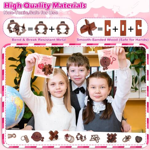 Valentine's Day Cards for Kids School with Brain Teasers,24 Pack Metal Puzzle Rings and Wooden Toy Games for Classroom Exchange Prizes,Party Favours,Kids Valentine Gifts Set in Kuwait