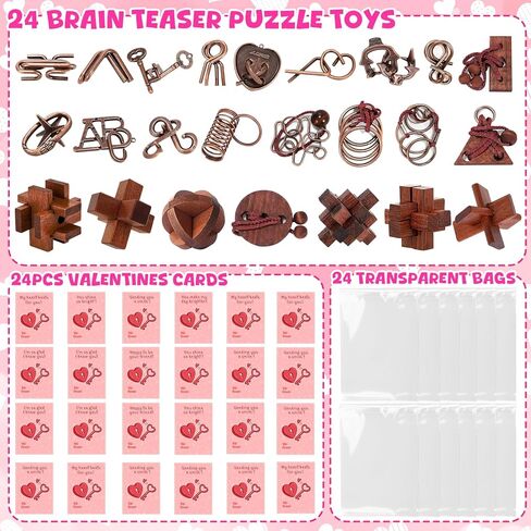 Valentine's Day Cards for Kids School with Brain Teasers,24 Pack Metal Puzzle Rings and Wooden Toy Games for Classroom Exchange Prizes,Party Favours,Kids Valentine Gifts Set in Kuwait