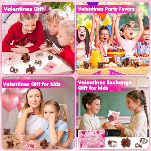Valentine's Day Cards for Kids School with Brain Teasers,24 Pack Metal Puzzle Rings and Wooden Toy Games for Classroom Exchange Prizes,Party Favours,Kids Valentine Gifts Set in Kuwait